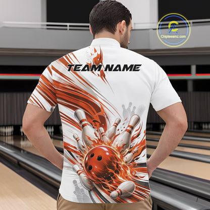 Custom White And Orange Flame Bowling Team Jerseys, Bowling League Men Quarter Zip Shirt IPHW11645
