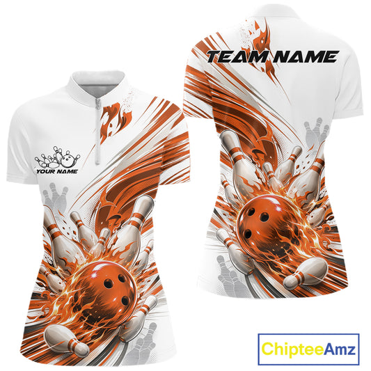 Front and back views of a short-sleeve shirt with a bowling theme, featuring an orange and white graphic of a bowling ball striking pins, on a white background with a ChipteeAmz logo in the bottom right corner.
