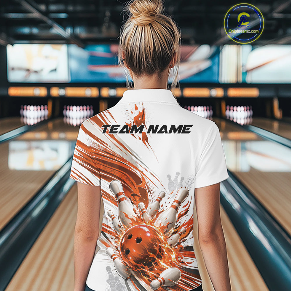Custom Orange Flame Bowling Team Jerseys, Bowling League Women Quarter-Zip Shirt IPHW11645