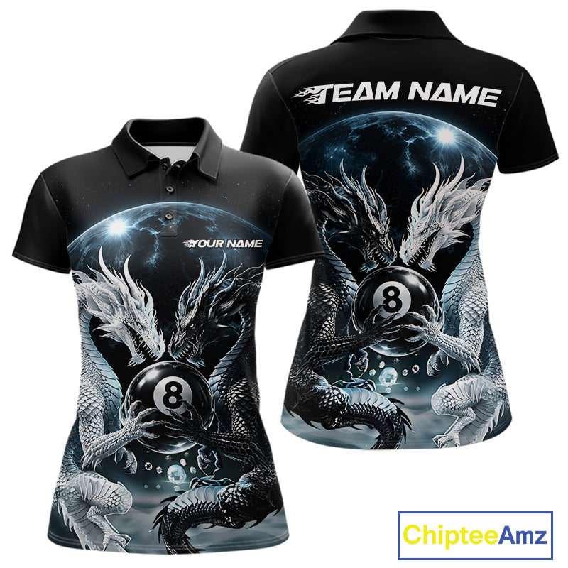 Custom Black And White Dragon 8 Ball Billiard Polo Shirt For Women, Dragon Pool Shirt IPHW11652