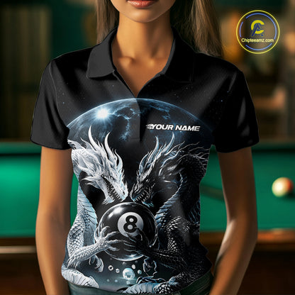 Custom Black And White Dragon 8 Ball Billiard Polo Shirt For Women, Dragon Pool Shirt IPHW11652