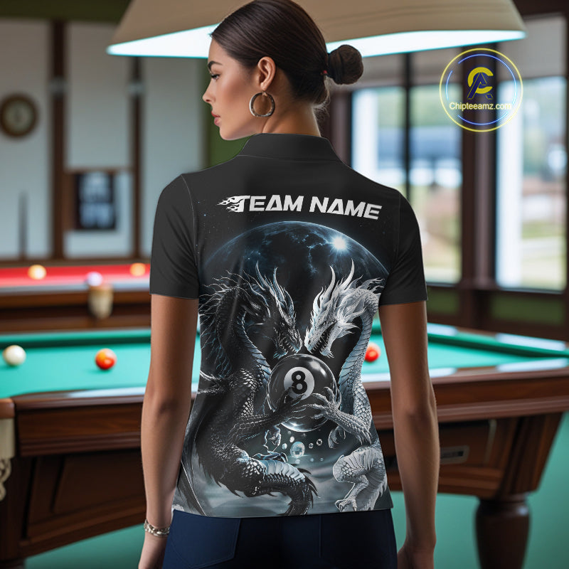 Custom Black And White Dragon 8 Ball Billiard Polo Shirt For Women, Dragon Pool Shirt IPHW11652