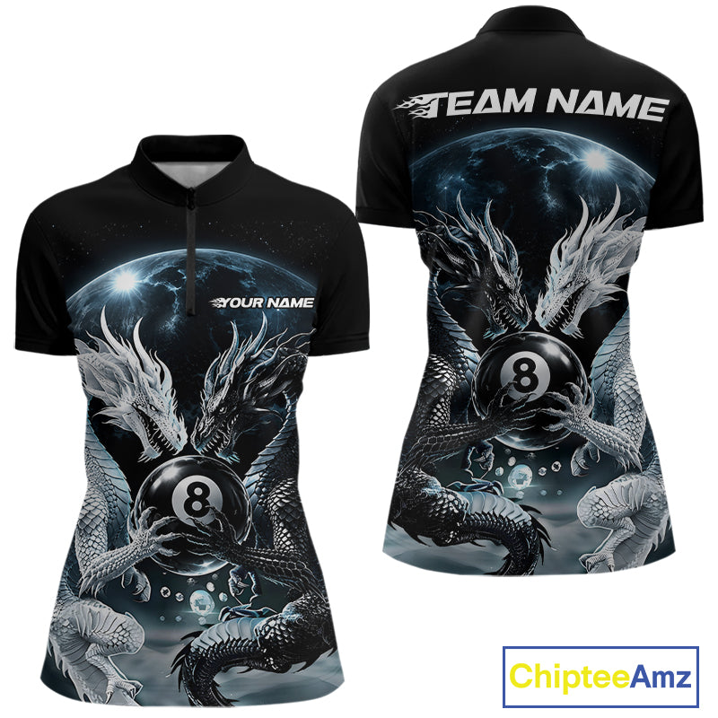 Custom Black And White Dragon 8 Ball Billiard Quarter-Zip Shirt Women, Dragon Pool Shirt IPHW11652