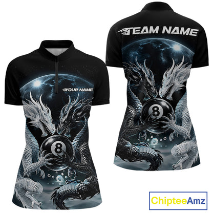 Custom Black And White Dragon 8 Ball Billiard Quarter-Zip Shirt Women, Dragon Pool Shirt IPHW11652