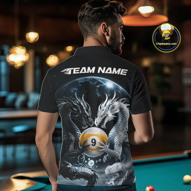 Custom Black And White Dragon 9 Ball Billiard Polo Shirt For Men, Dragon Pool Shirt IPHW11653