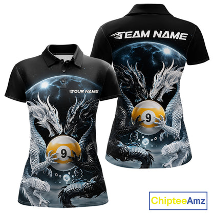 Custom Black And White Dragon 9 Ball Billiard Polo Shirt For Women, Dragon Pool Shirt IPHW11653