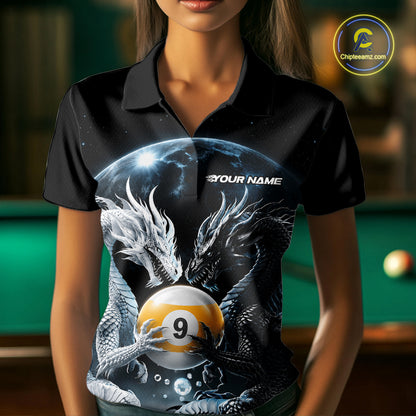Custom Black And White Dragon 9 Ball Billiard Polo Shirt For Women, Dragon Pool Shirt IPHW11653