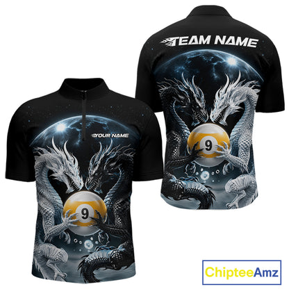 Custom Black And White Dragon 9 Ball Billiard Quarter Zip Shirt For Men, Dragon Pool Shirt IPHW11653