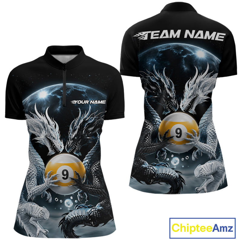 Custom Black And White Dragon 9 Ball Billiard Quarter-Zip Shirt Women, Dragon Pool Shirt IPHW11653