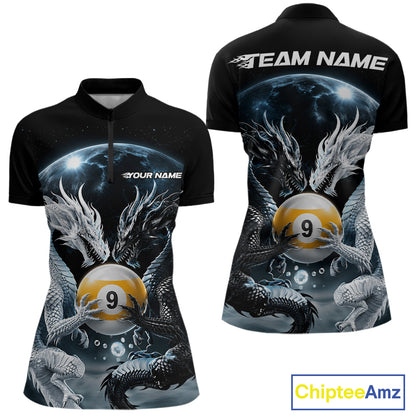 Custom Black And White Dragon 9 Ball Billiard Quarter-Zip Shirt Women, Dragon Pool Shirt IPHW11653
