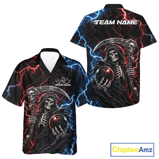Custom black short-sleeve button up shirt shown from front and back, featuring a grim reaper and skeleton graphic with red and blue lightning effects, plus placeholder text 'TEAM NAME' and 'YOUR NAME'.