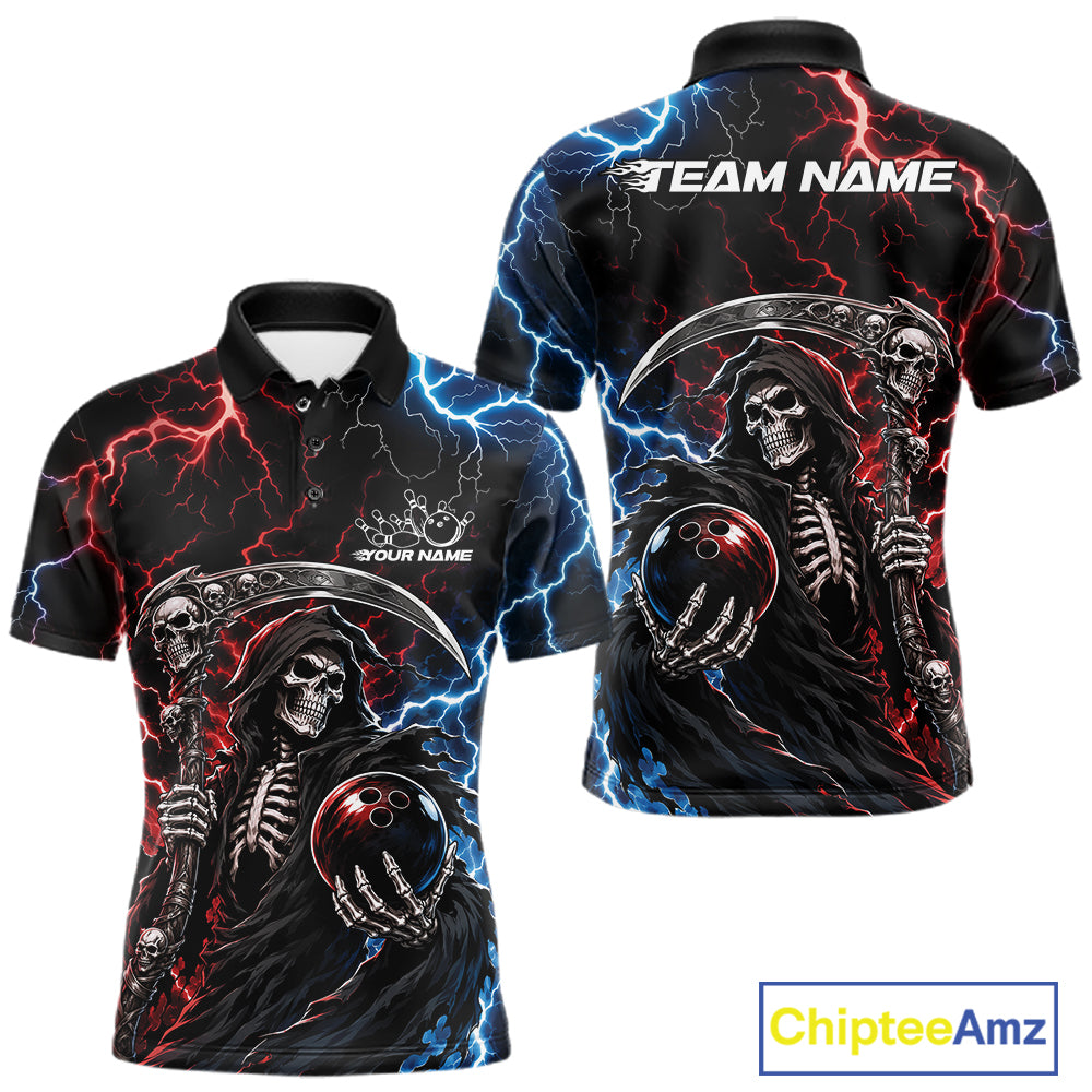 Custom Blue And Red Lightning Grim Reaper Skull Bowling Halloween Men Polo Shirt IPHW11654