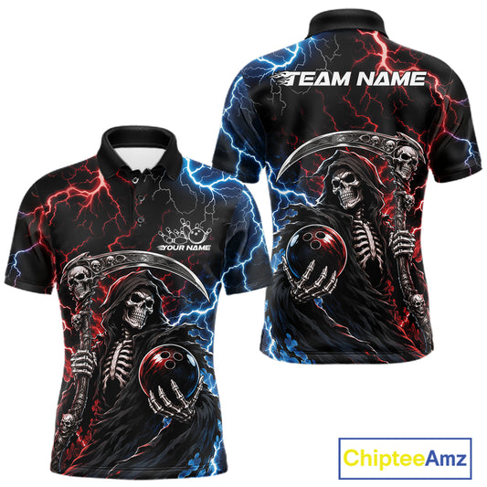 Front and back views of a black short-sleeve polo shirt featuring a detailed grim reaper graphic with red and blue lightning effects, a bowling ball, and customizable text placeholders. A 'ChipteeAmz' logo is visible in the bottom right corner.