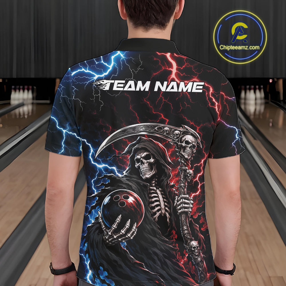 Custom Blue And Red Lightning Grim Reaper Skull Bowling Halloween Men Polo Shirt IPHW11654