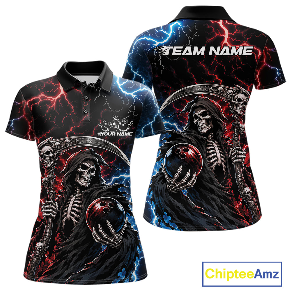 Custom Blue And Red Lightning Grim Reaper Skull Bowling Halloween Women Polo Shirt IPHW11654