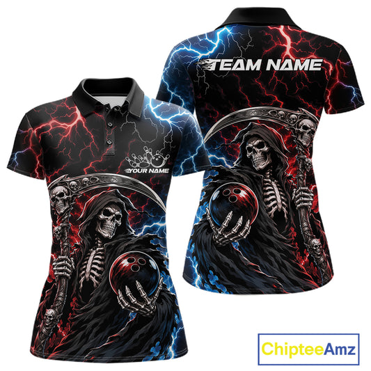 Front and back views of a black short-sleeve polo shirt featuring a Grim Reaper bowling graphic with red and blue lightning effects, customizable text areas, and a ChipteeAmz logo in the bottom right corner.