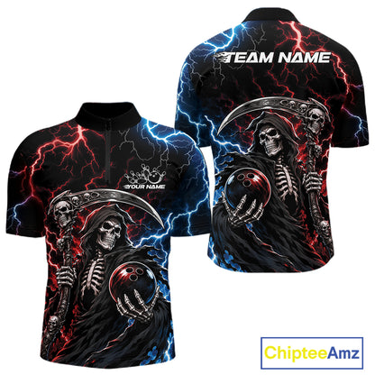 Custom Blue And Red Lightning Grim Reaper Skull Bowling Halloween Men Quarter Zip Shirt IPHW11654