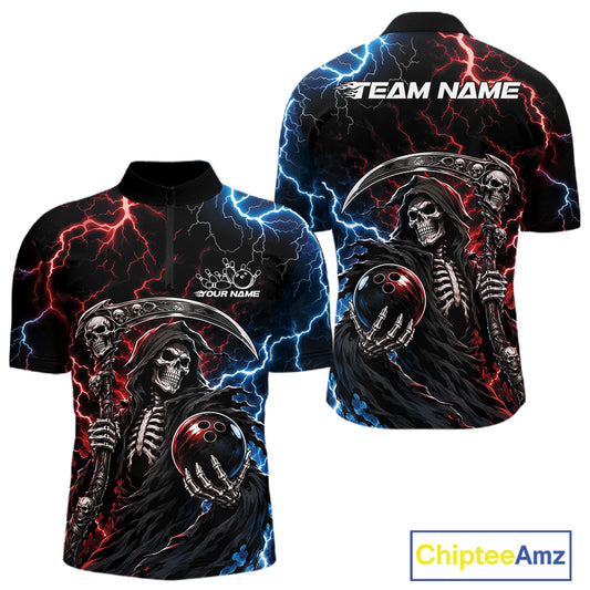 A short-sleeve quarter-zip shirt shown from both front and back, featuring a dark grim reaper graphic with a scythe, skeleton, red lightning, and blue lightning on a black background. The front has placeholder text 'YOUR NAME' and 'TEAM NAME' on the back