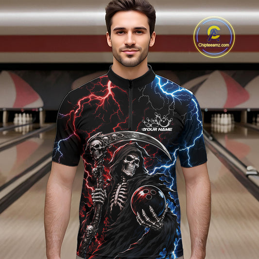 A man wearing a black short-sleeve quarter-zip cycling jersey with a detailed grim reaper graphic, red and blue lightning bolts, and a bowling ball design, set against a blurred bowling alley background.