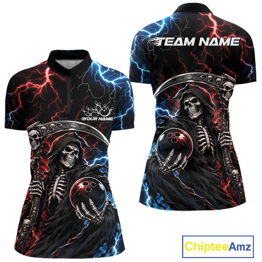 Custom Blue And Red Lightning Grim Reaper Skull Bowling Halloween Women Shirt IPHW11654