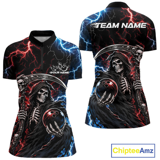 Front and back views of a black short-sleeve qquarter-zip shirt featuring a grim reaper graphic with a skull, red and blue lightning effects, and bowling ball details. The back view shows 'TEAM NAME' text at the collar, and the front shows 'YOUR NAME' text.