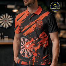 Load image into Gallery viewer, Custom Grunge Black And Orange Dart Jerseys, Flame Dart Tip Hit Bullseye Men Polo Shirt IPHW10058