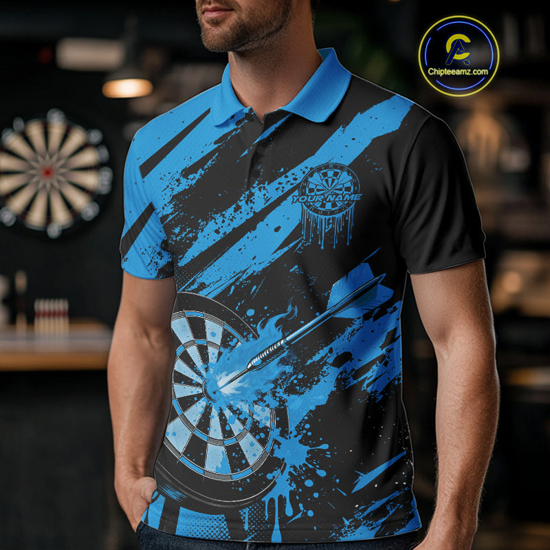 Custom Grunge Black And Blue Dart Jerseys, Flame Dart Tip Hit Bullseye Men Polo Shirt IPHW10059