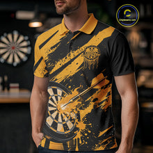 Load image into Gallery viewer, Custom Grunge Black And Yellow Dart Jerseys, Flame Dart Tip Hit Bullseye Men Polo Shirt IPHW10060