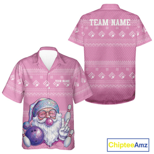 Custom Funny Santa Christmas Men And Women Bowling Hawaiian Shirts, Pink Xmas Bowling Team Outfit IPHW10140