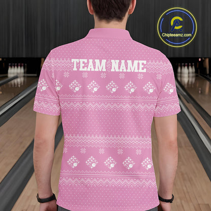 Custom Funny Santa Christmas Men Bowling Polo Shirts, Pink Xmas Bowling Team Outfit IPHW10140