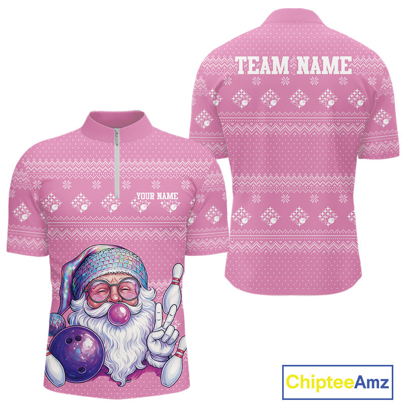 Custom Funny Santa Christmas Men Bowling Quarter-Zip Shirts, Pink Xmas Bowling Team Outfit IPHW10140