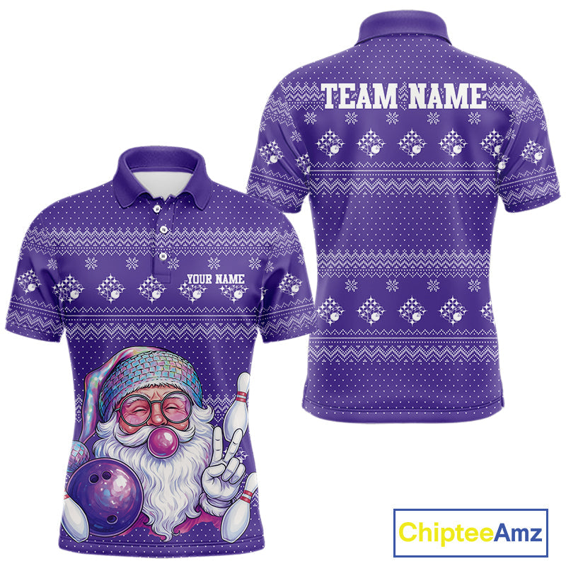 Custom Funny Santa Christmas Men Bowling Polo Shirts, Purple Xmas Bowling Team Outfit IPHW10141