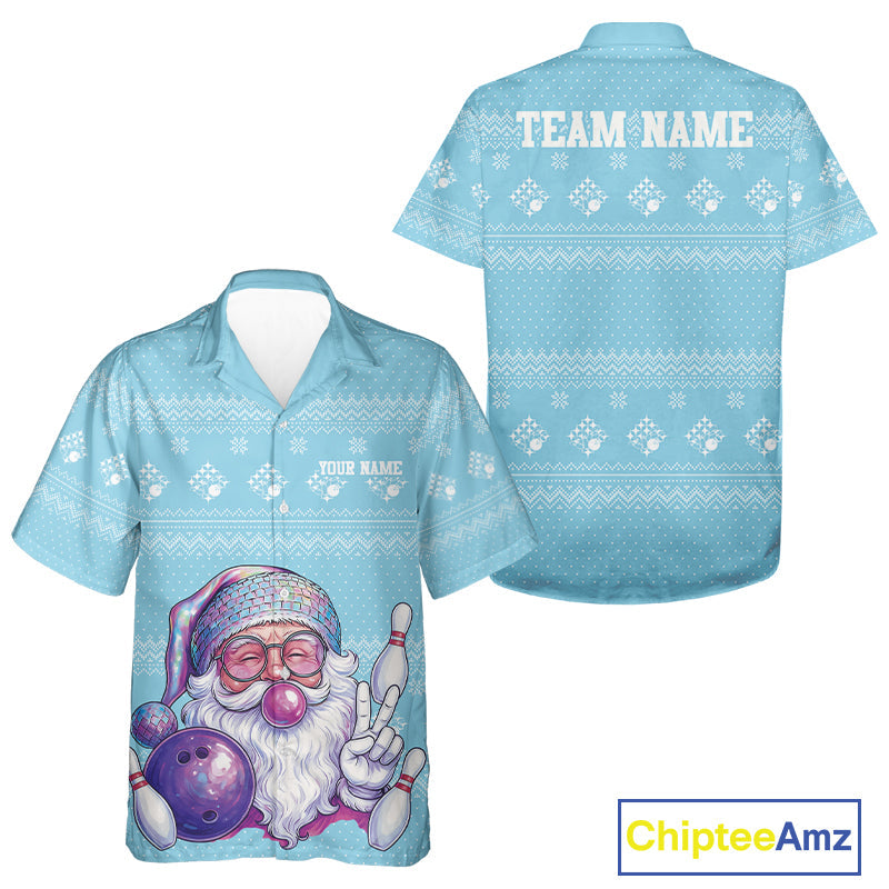 Custom Funny Santa Christmas Men And Women Bowling Hawaiian Shirts, Light Blue Xmas Team Outfit IPHW10142