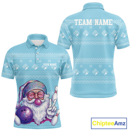 Custom Funny Santa Christmas Men Bowling Polo Shirts, Light Blue Xmas Team Outfit IPHW10142