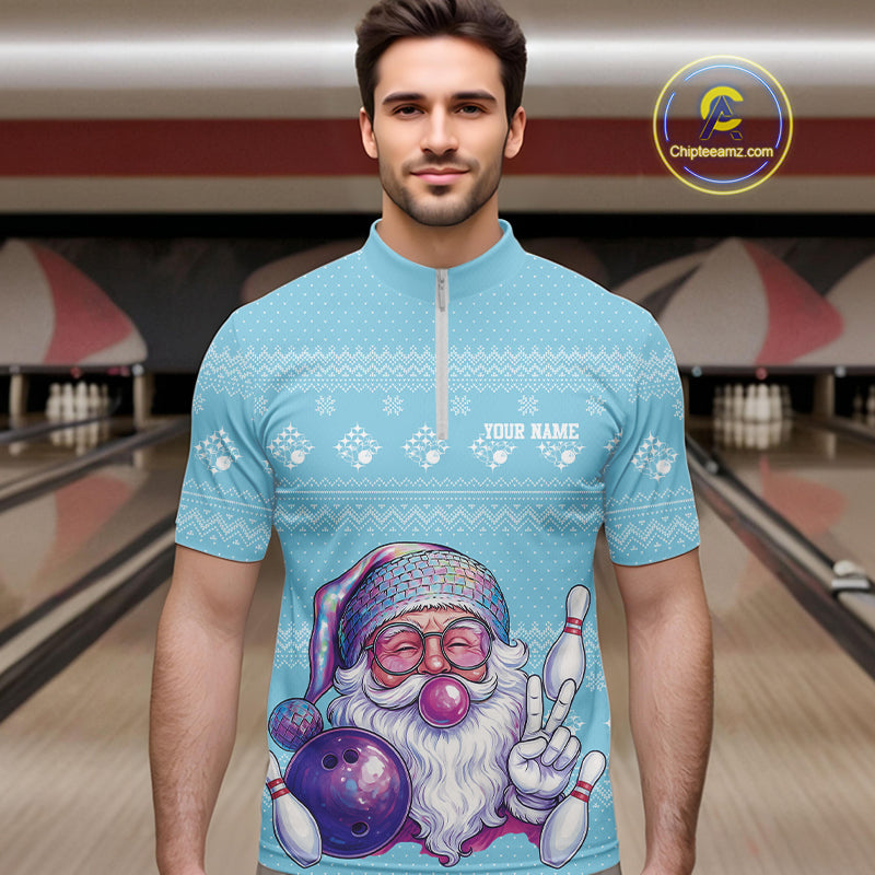 Custom Funny Santa Christmas Men Bowling Quarter-Zip Shirts, Light Blue Xmas Team Outfit IPHW10142