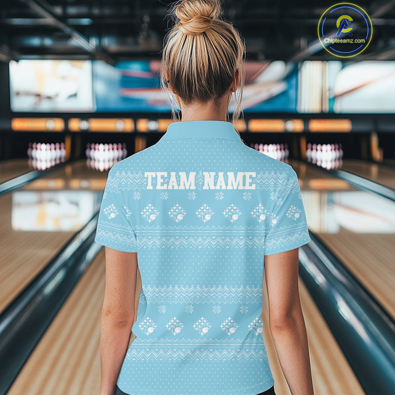 Custom Funny Santa Christmas Women Bowling Quarter-Zip Shirts, Blue Xmas Team Outfit IPHW10142