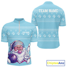 Load image into Gallery viewer, Custom Funny Santa Christmas Men Bowling Quarter-Zip Shirts, Light Blue Xmas Team Outfit IPHW10142