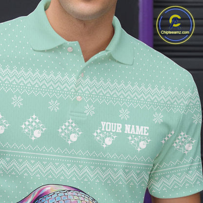 Custom Funny Santa Christmas Men Bowling Polo Shirts, Mint Green Xmas Team Outfit IPHW10143
