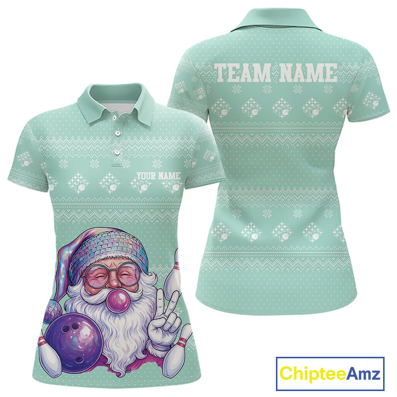 Custom Funny Santa Christmas Women Bowling Polo Shirts, Mint Green Xmas Team Outfit IPHW10143