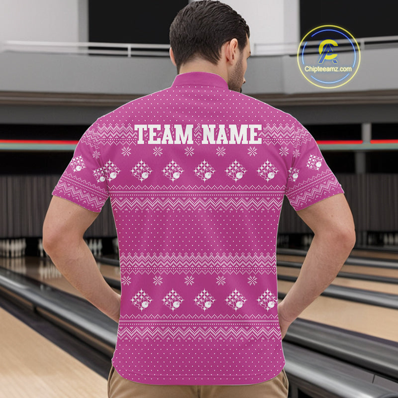 Custom Funny Santa Christmas Men Bowling Quarter-Zip Shirts, Bright Magenta Xmas Team Outfit IPHW10144
