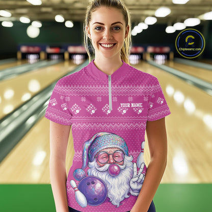 Custom Funny Santa Christmas Women Bowling Quarter-Zip Shirts, Magenta Xmas Team Outfit IPHW10144