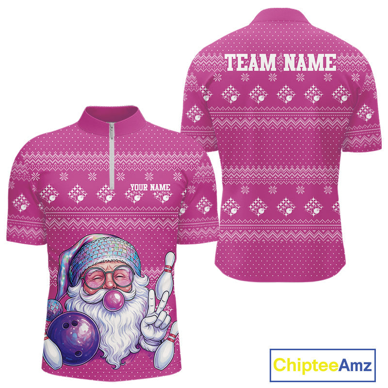 Custom Funny Santa Christmas Men Bowling Quarter-Zip Shirts, Bright Magenta Xmas Team Outfit IPHW10144