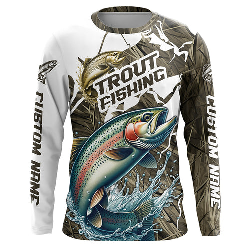 Rainbow Trout Fishing Custom Long Sleeve Tournament Shirts, Trout Fly Fishing Jerseys Grass Camo IPHW6450