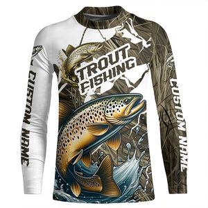 Brown Trout Fishing Custom Long Sleeve Tournament Shirts, Trout Fly Fishing Jerseys Grass Camo IPHW6451