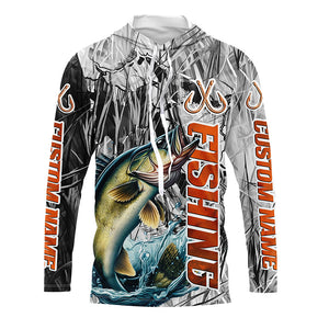 Walleye Fishing Custom Long Sleeve Tournament Fishing Shirts, Gray Camo Walleye Fishing Jerseys IPHW6464