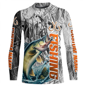 Walleye Fishing Custom Long Sleeve Tournament Fishing Shirts, Gray Camo Walleye Fishing Jerseys IPHW6464