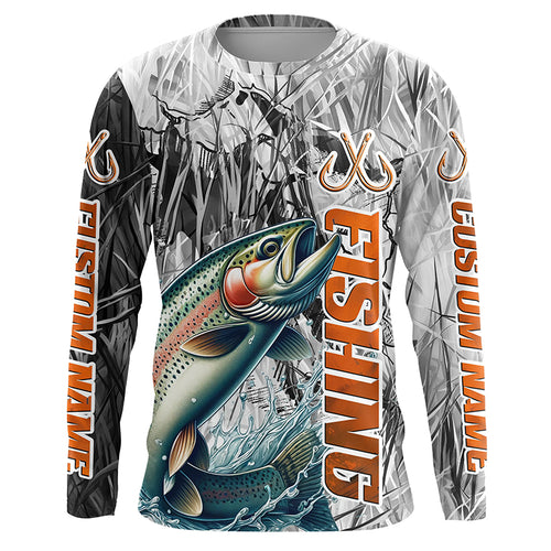 Rainbow Trout Fishing Custom Long Sleeve Fly Fishing Shirts, Gray Camo Trout Fishing Jerseys IPHW6465