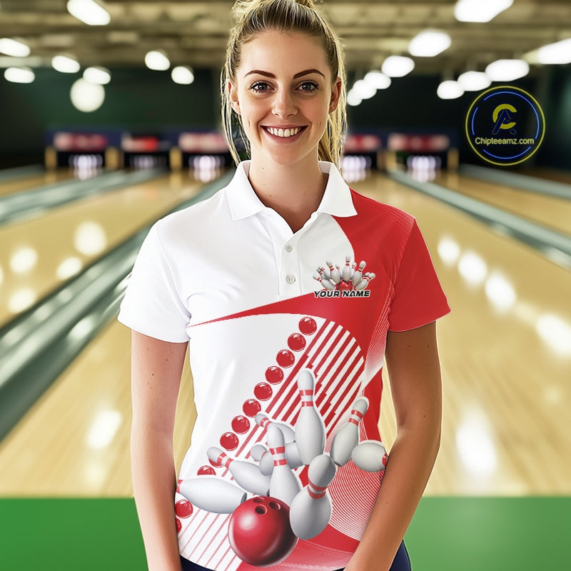 Female model in a bowling lane wearing a white and red polo shirt with geometric wavy stripe accents and a bowling strike illustration.