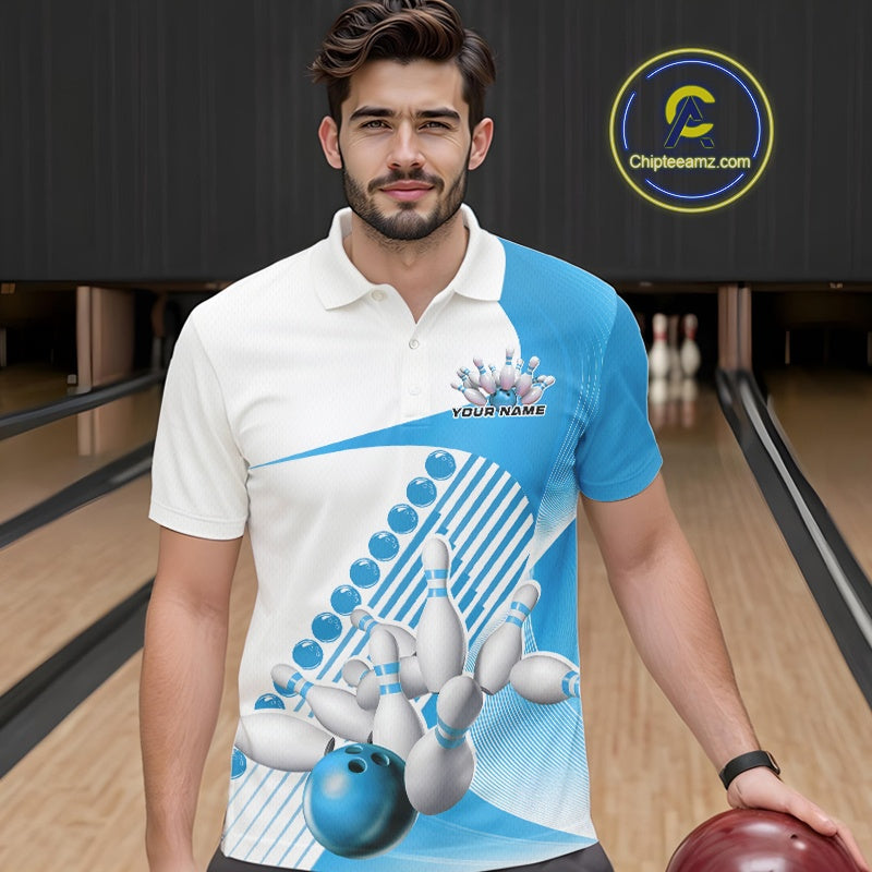 Male model in a bowling lane wearing a white and light blue polo shirt with flowing geometric stripes and a bowling strike illustration.