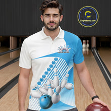 Load image into Gallery viewer, Custom White And Light Blue Bowling Ball And Pins Men Polo Shirt, Bowling Team Jerseys IPHW11321
